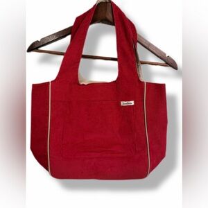 Neiman Marcus Vintage Red Corduroy Tote Bag Shoulder Carry Pocket